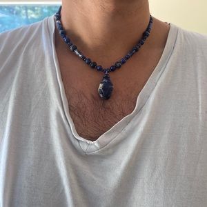 Lapis and Onyx Necklace with Sterling Silver Clasp